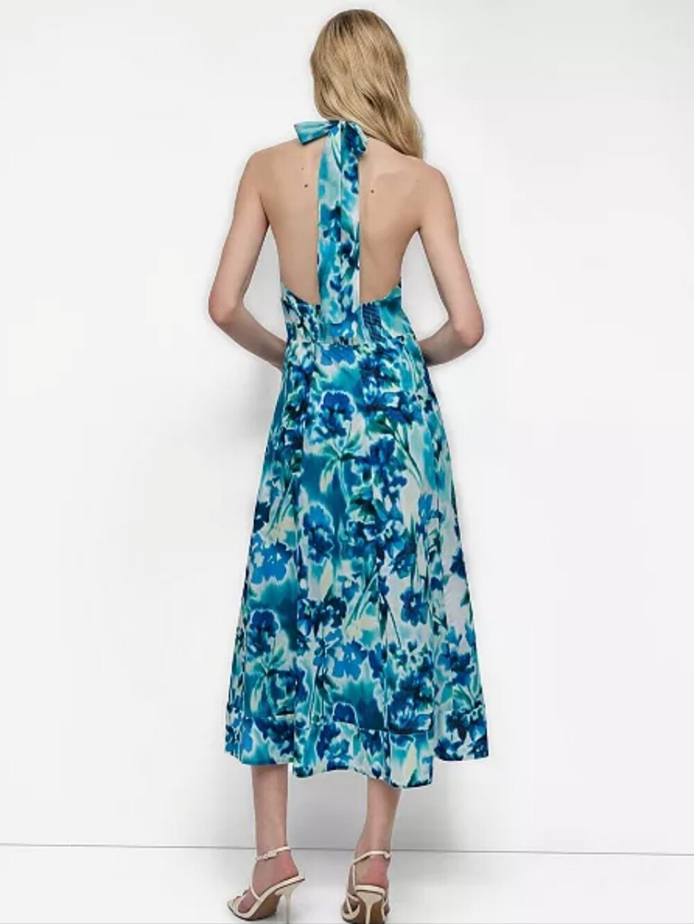 DKNY Blue Aqua Floral Halter Maxi SunDress Size 16 Sleeveless Resort Vacation - Picture 2 of 11